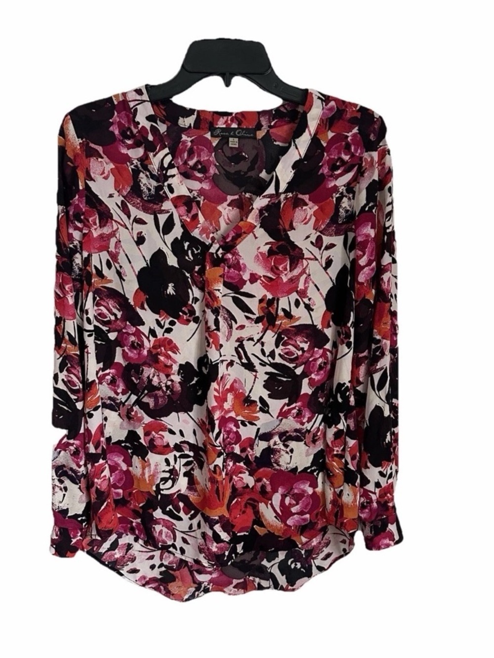 Rose & Olive Womens S Floral Long Sleeve V-Neck Top Flowy Office Whimsigoth